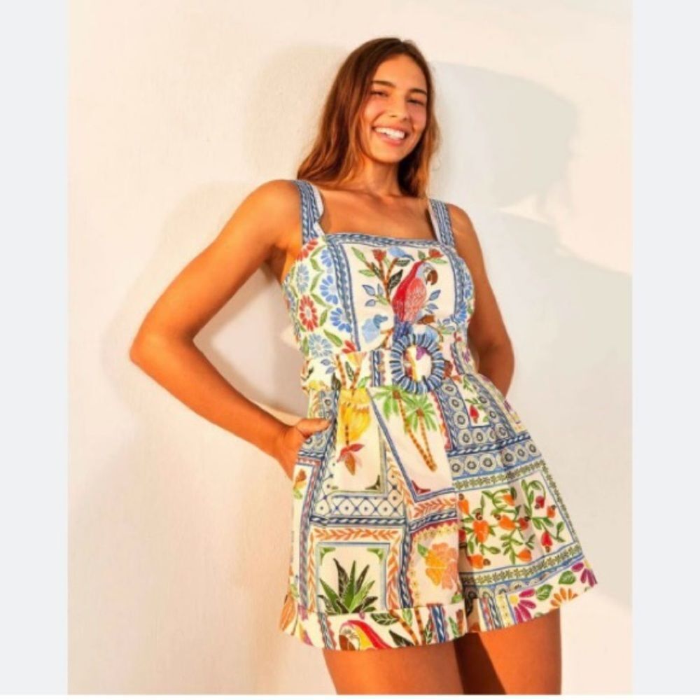 NEW FARM Rio Tropical Tiles Romper Tropical Macaw Shorts Cotton Beaded Size XL - Picture 2 of 16